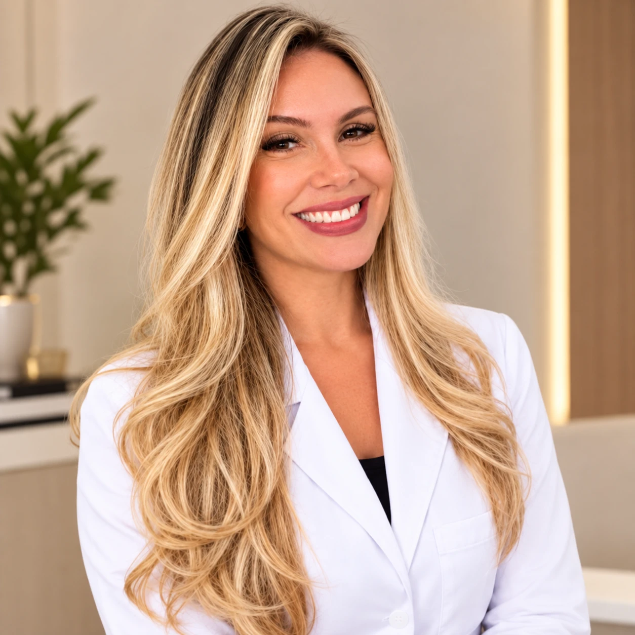 Janaína Dias, massoterapeuta, sorrindo de jaleco branco